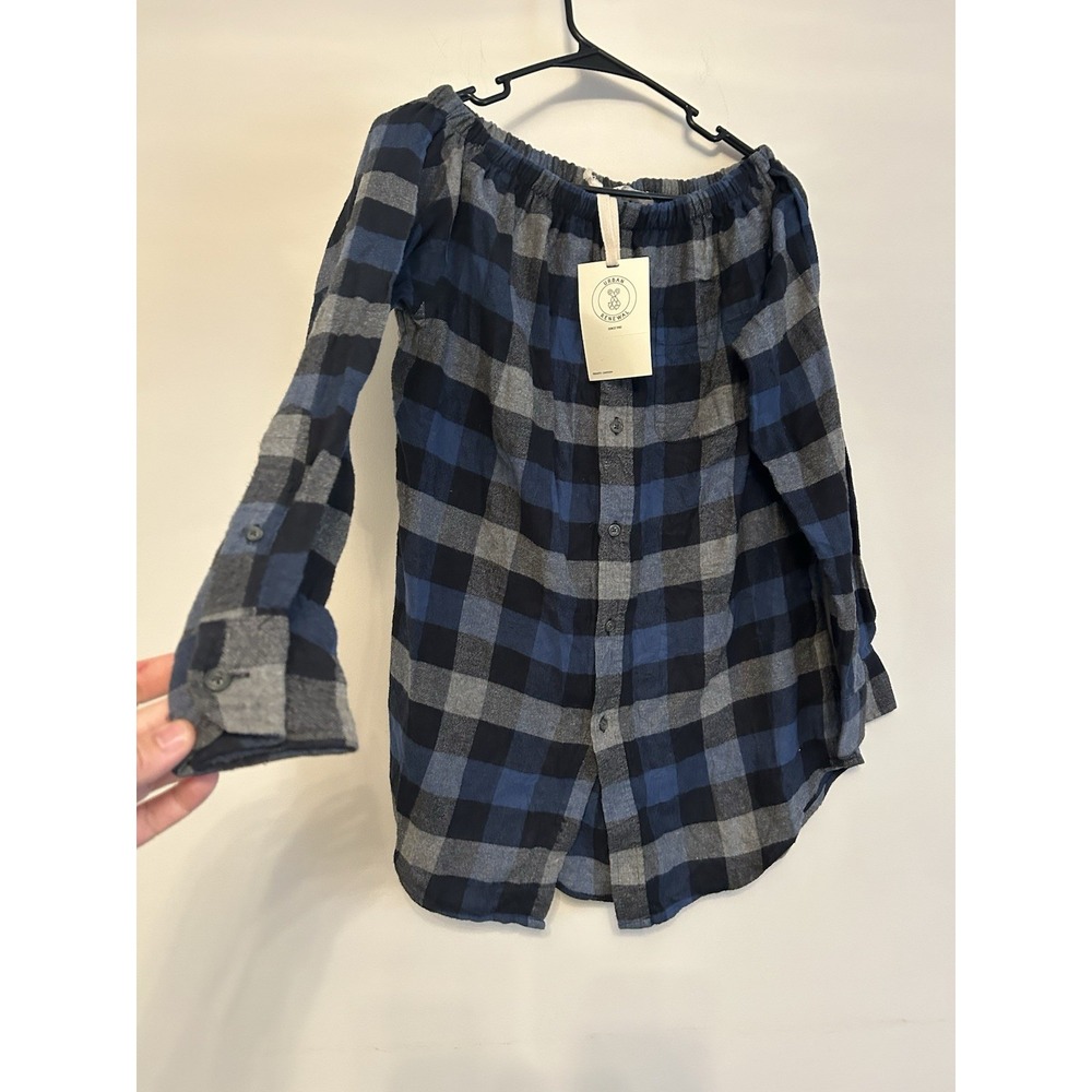 NWT S/M Urban Renewal‎ Blue Plaid Off The Shoulder Button Front Flannel Top